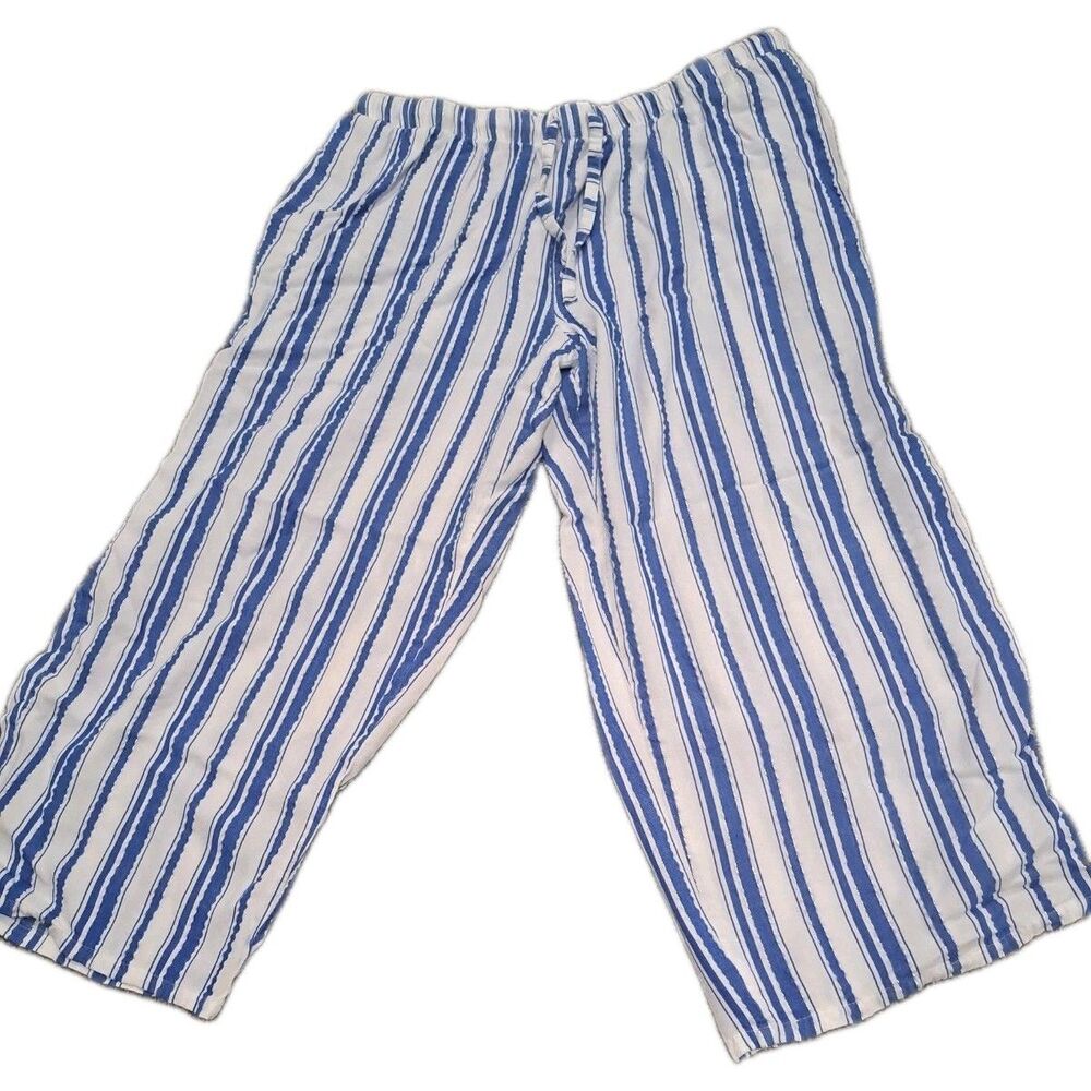 Nottibianche Pajama Pants Womens Large Blue White Striped Cropped Pockets Lounge